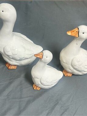 Ceramic Duck Figurine Set 3 White Goose Farmhouse Cottagecore Kitchen Decor
